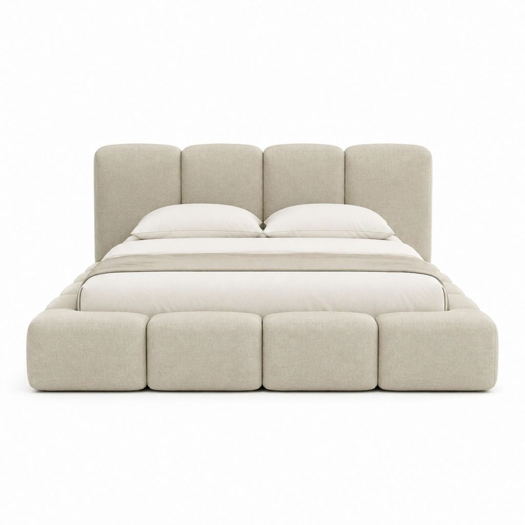 Lit coffre 180 x 200 cm beige en polyester avec tête de lit capitonnée