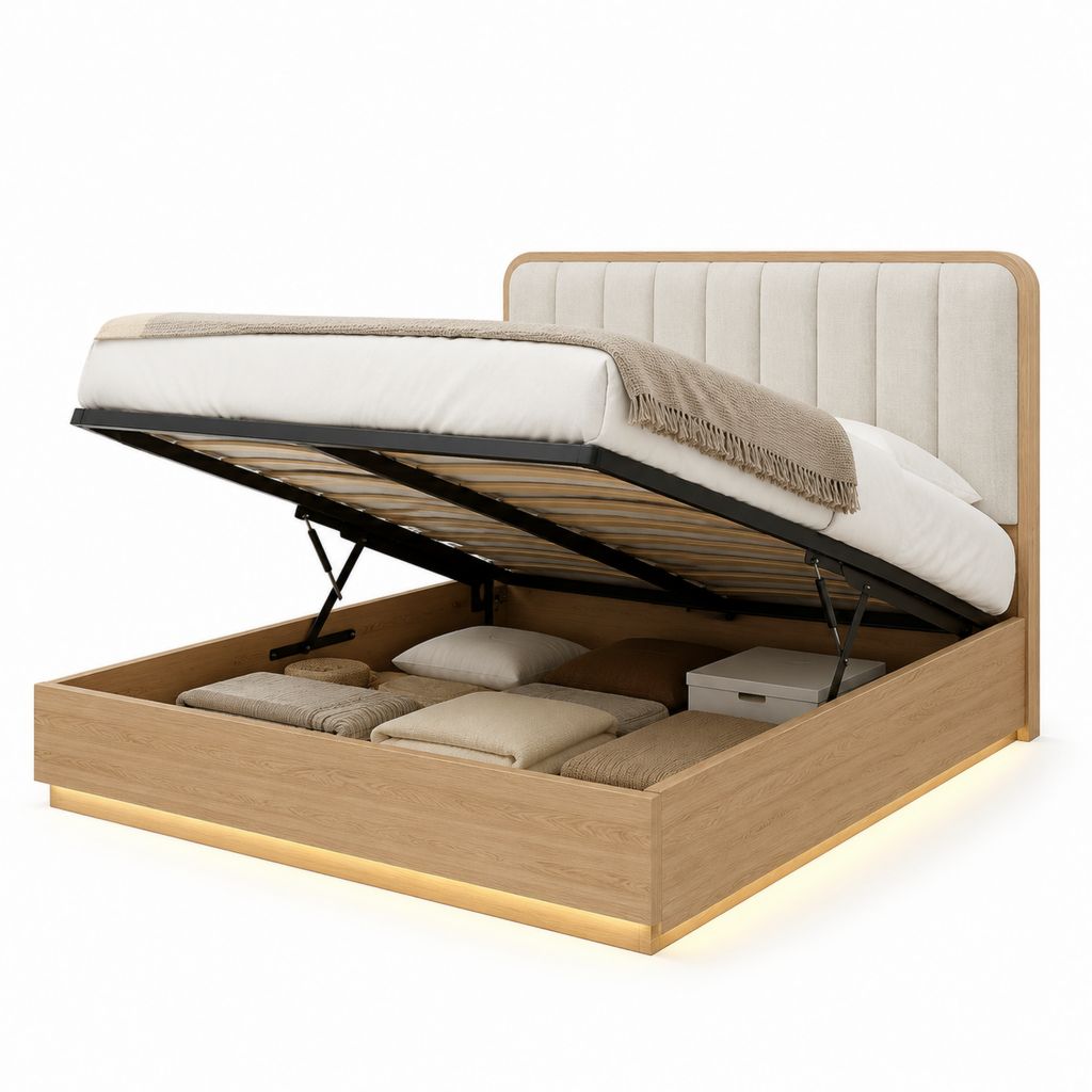 Lit coffre 160 x 200 cm chêne clair avec tête de lit capitonnée en polyester beige