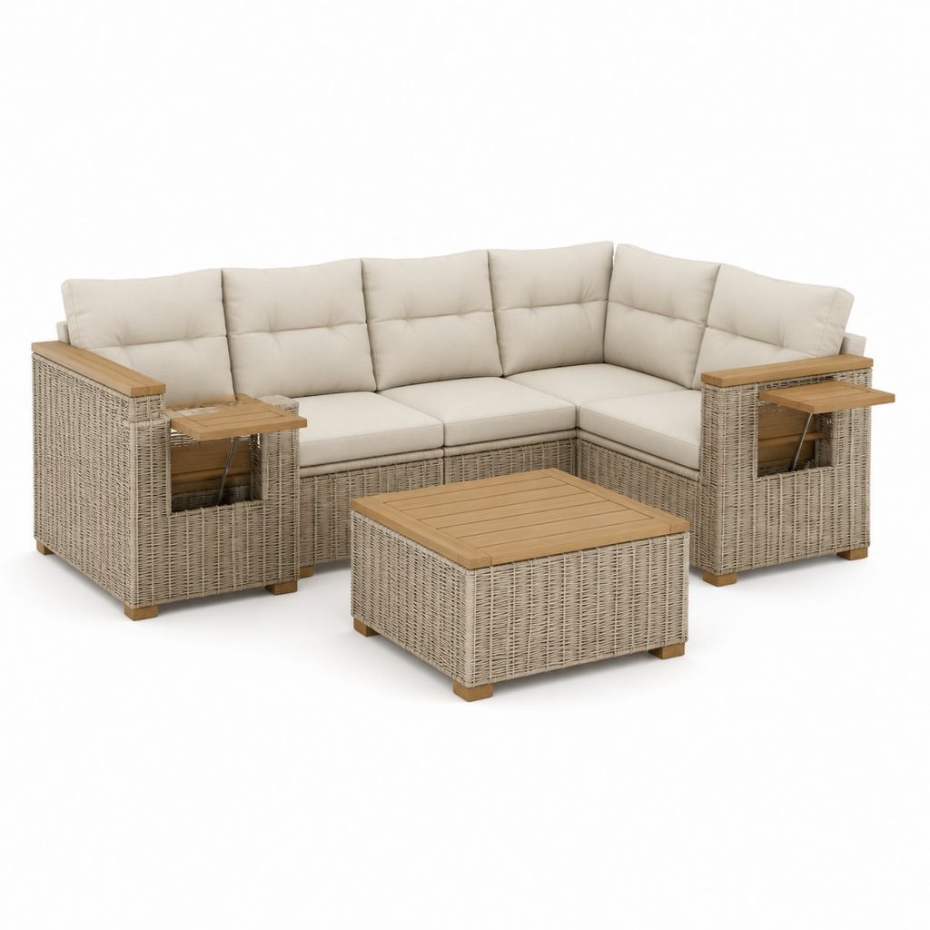 Salon de jardin d'angle 5 places beige en résine tressée PE avec table basse 230 x 230 x 85 cm