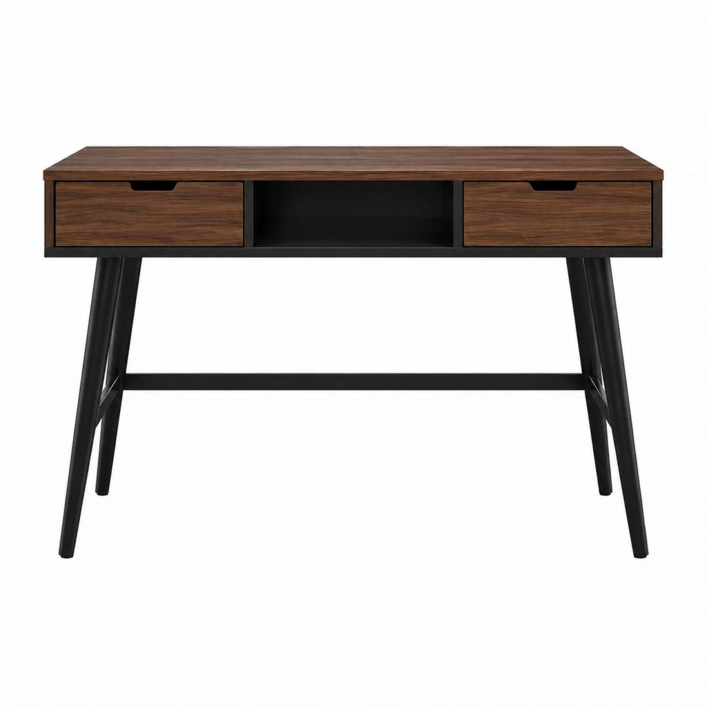 Bureau droit avec 2 tiroirs noyer et noir en panneaux MDF et acier 120 x 60 x 75 cm