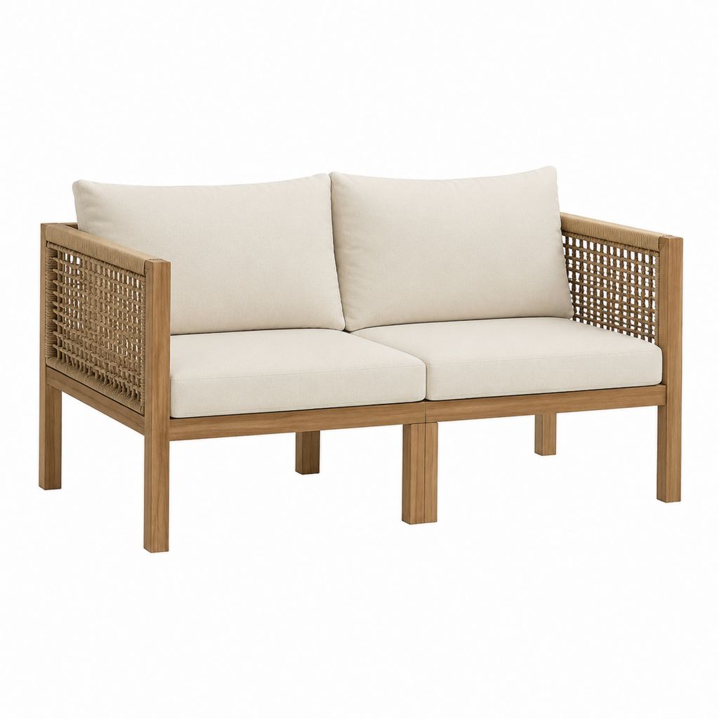 Canapé de jardin 2 places beige en acacia massif et corde PP rectangulaire 128 x 74 x 78 cm