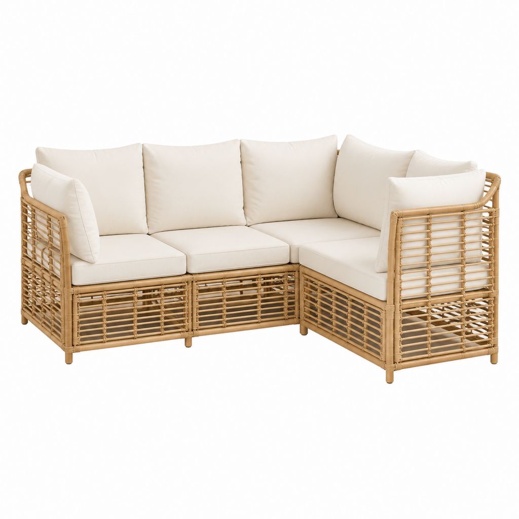 Canapé de jardin d'angle 3 places beige en rotin naturel 220 x 160 x 75 cm