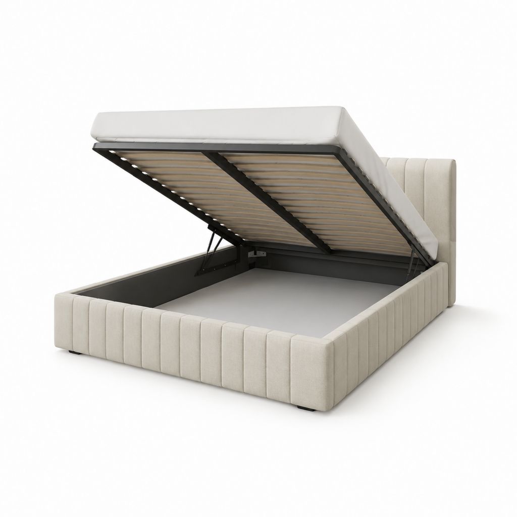 Lit coffre 160 x 200 cm beige rectangulaire en polyester avec sommier relevable