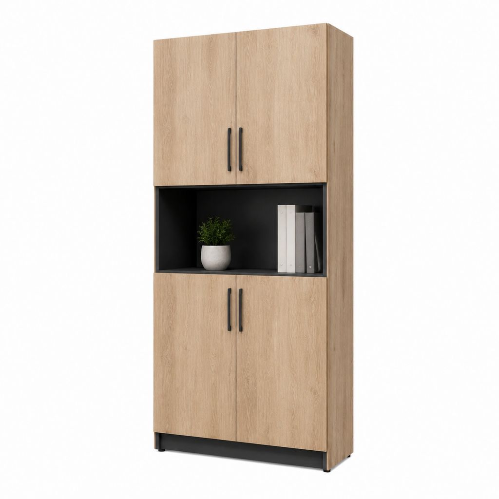 Armoire de bureau haute 4 portes chêne clair et noir en panneaux de particules rectangulaire 80 x 40 x 200 cm