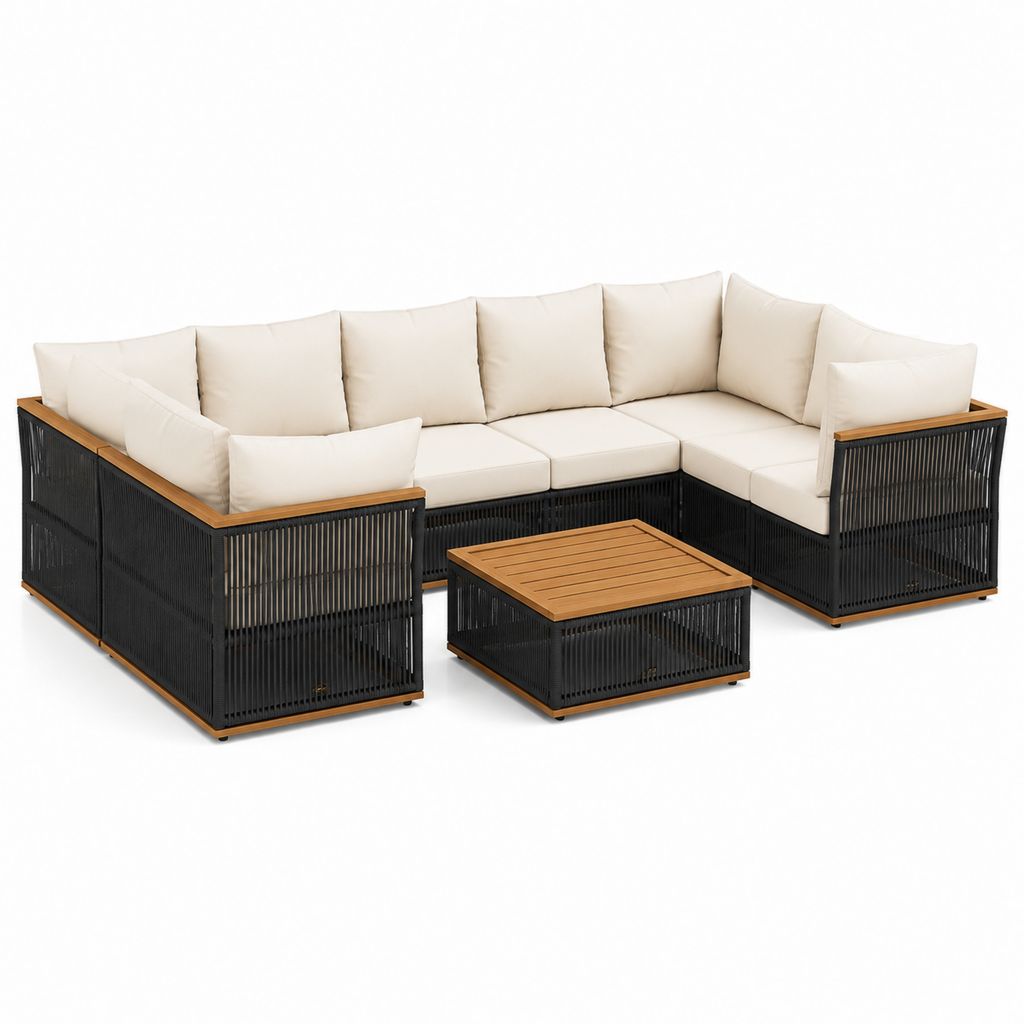 Salon de jardin d'angle 5 places 3 pièces noir et beige en aluminium corde PE et acacia 300 x 230 x 75 cm
