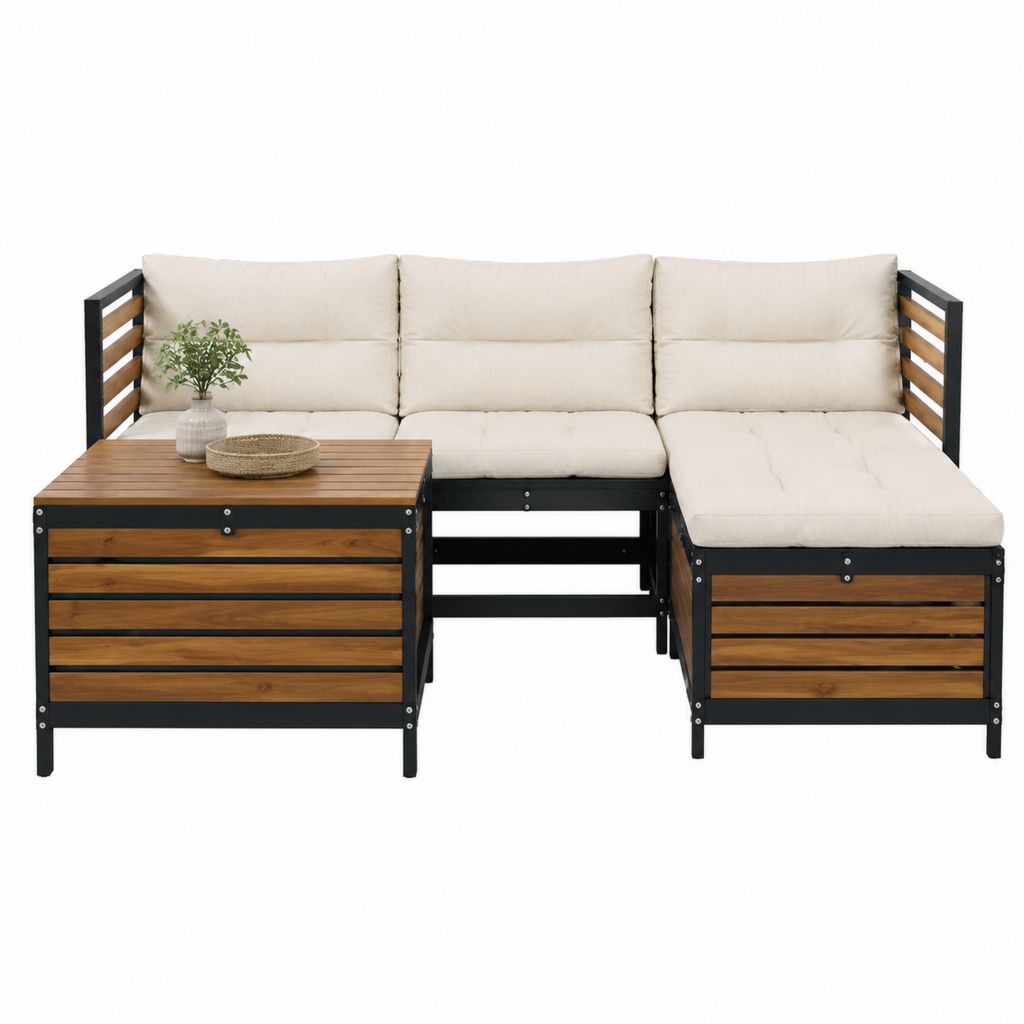 Salon de jardin d'angle 3 places avec table basse beige et naturel en acier et acacia 220 x 150 x 65 cm