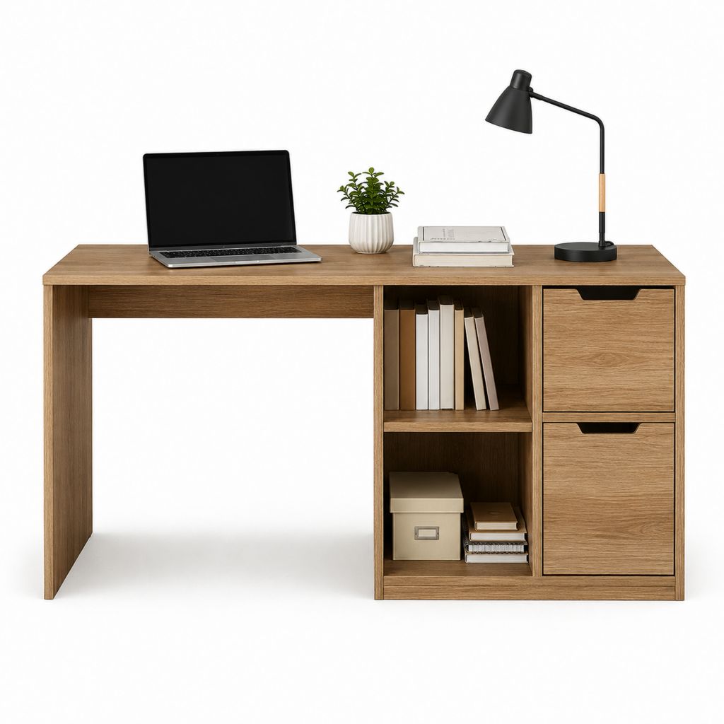 Bureau informatique droit chêne avec rangement en panneaux de particules 120 x 60 x 75 cm