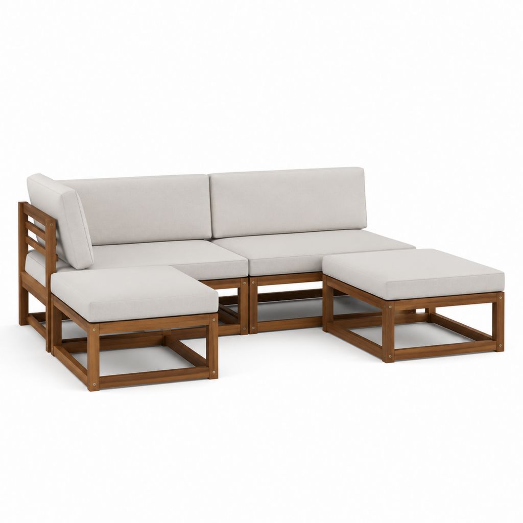 Salon de jardin modulable 4 pièces en bois d'acacia brun avec coussins beige 240 x 150 x 65 cm