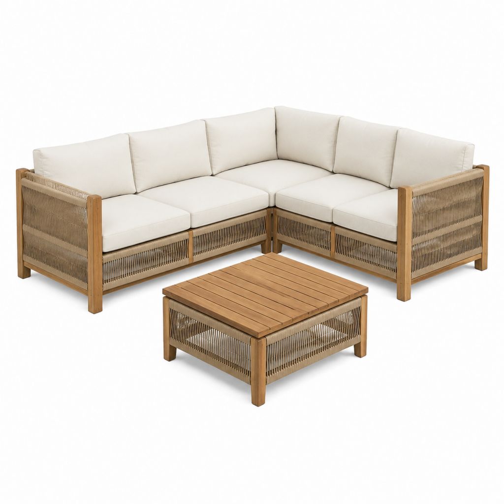 Salon de jardin d'angle 4 places beige en bois d'acacia et corde en polypropylène avec table basse 230 x 230 cm